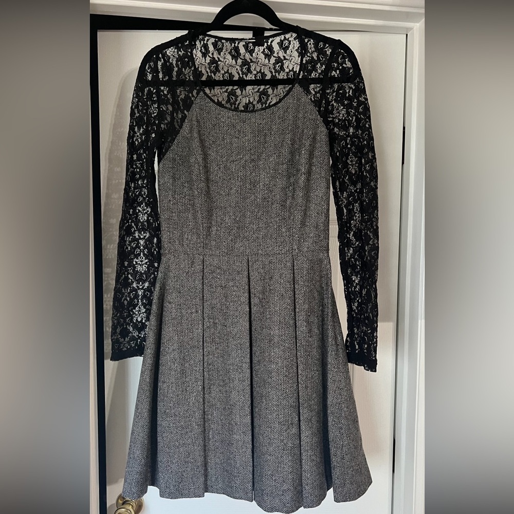 Haringbone Dress, lace sleeves and back, fully lined (lace not lined)